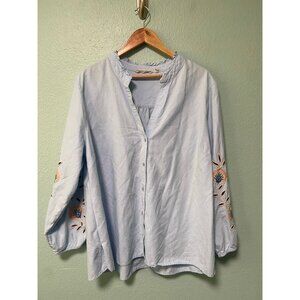 Soft Surroundings Women's Plus Size Pale Blue Floral Sleeve Fall Shirt Top 2x